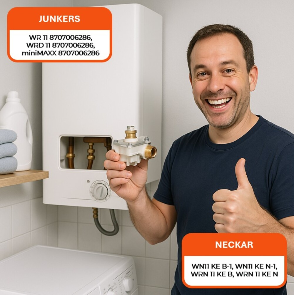 Un hombre sostiene un componente de plomería. Detrás de él hay un calentador de agua blanco. Hace una señal de pulgar hacia arriba. Etiquetas visibles.