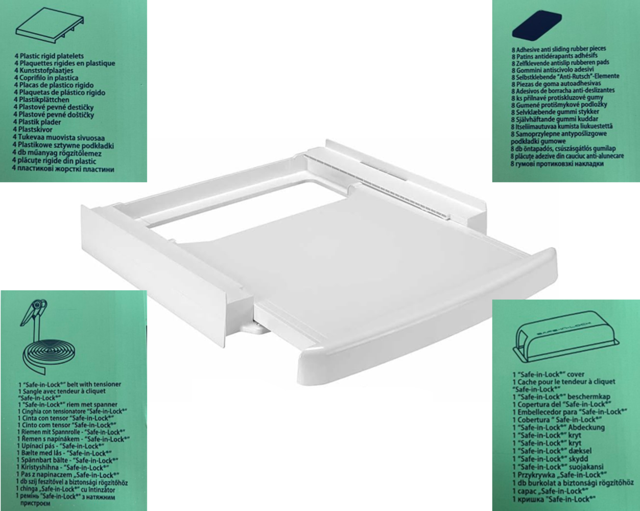 Cajón de plástico blanco con etiquetas, incluyendo nombres y descripciones de productos en varios idiomas.