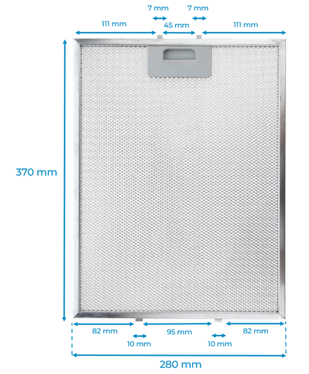 Un filtro metálico rectangular con dimensiones etiquetadas. Tiene un asa y un patrón de malla. Medidas: 370 mm, 280 mm, etc.