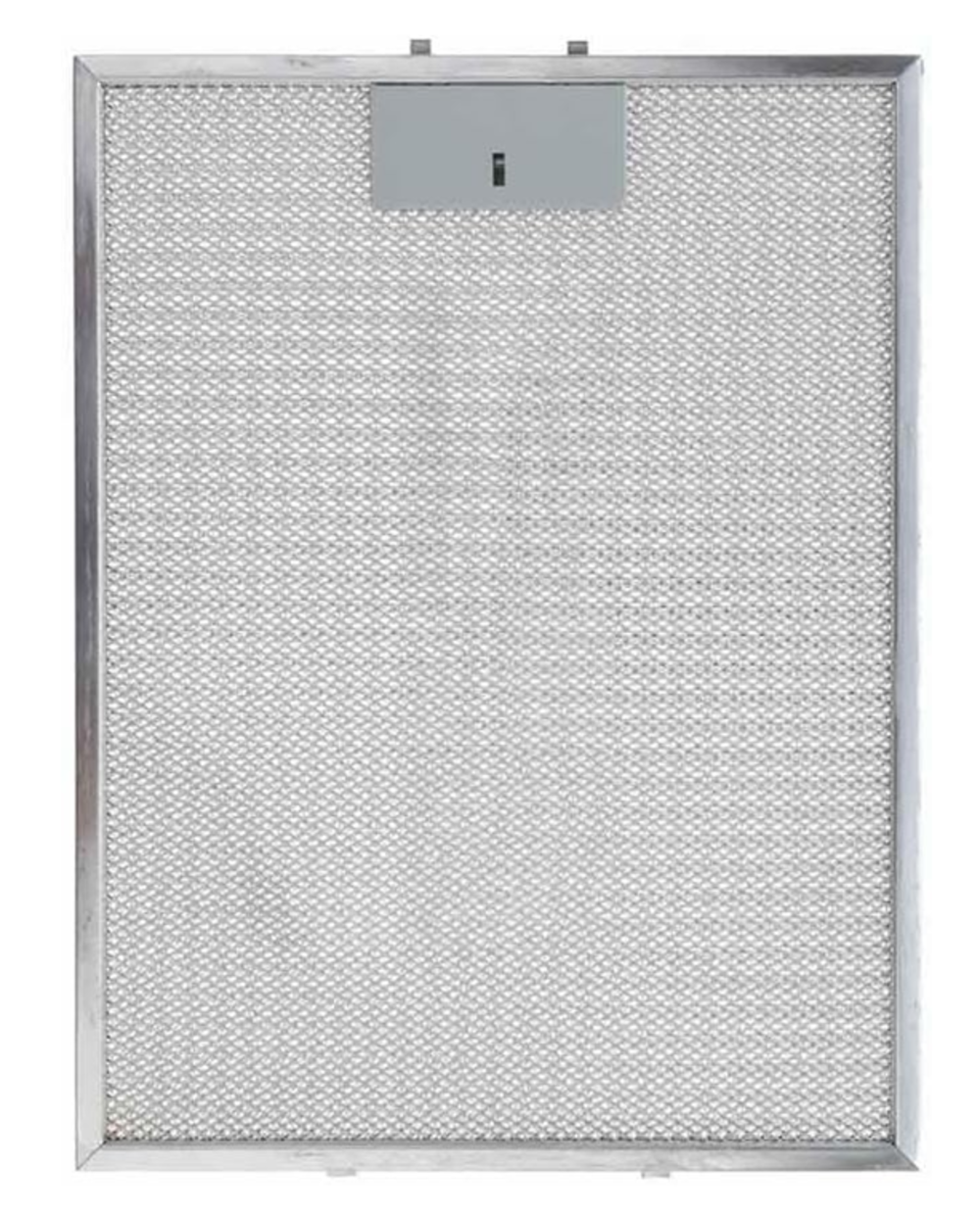 Un filtro de malla metálica rectangular con marco gris. Un pequeño componente gris se encuentra en el centro superior con una marca rectangular negra.