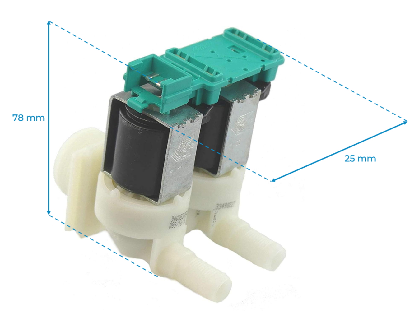 Una electroválvula blanca y verde con bobinas negras. Dimensiones: 78 mm de alto, 25 mm de ancho.