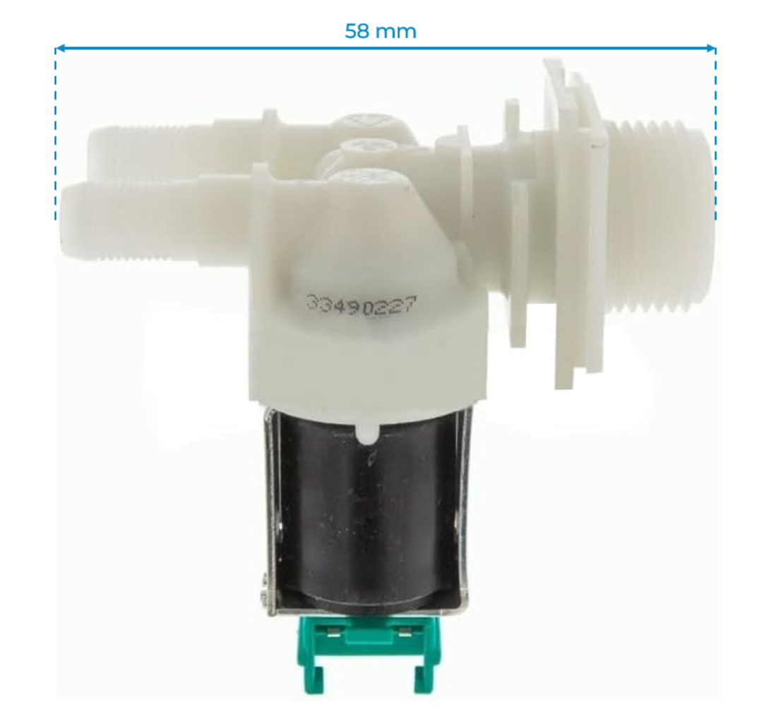 Una válvula de plástico blanco con un componente cilíndrico negro y un conector verde. Se indica una medida de 58 mm encima de la válvula.