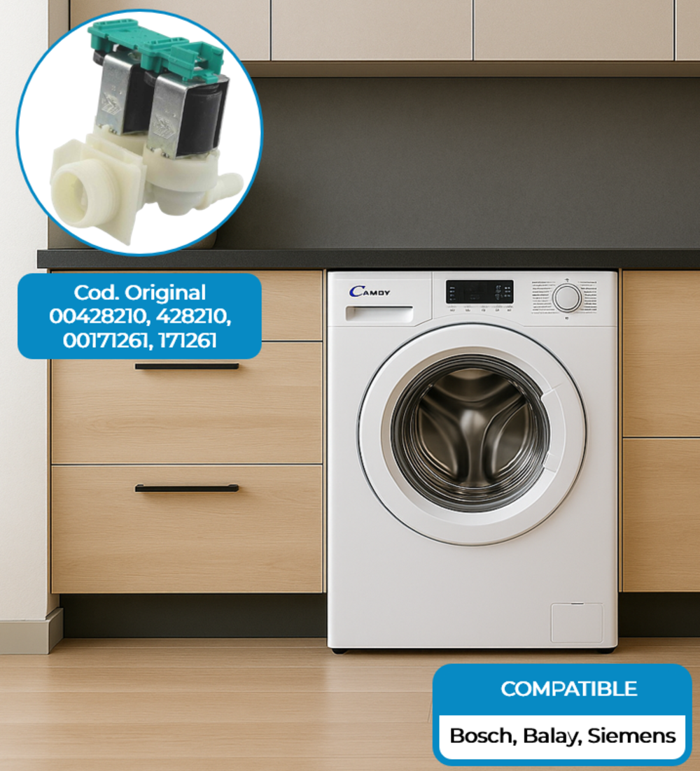 La imagen muestra piezas de lavadora. Hay una lavadora al fondo. El artículo es compatible con Bosch, Balay y Siemens.