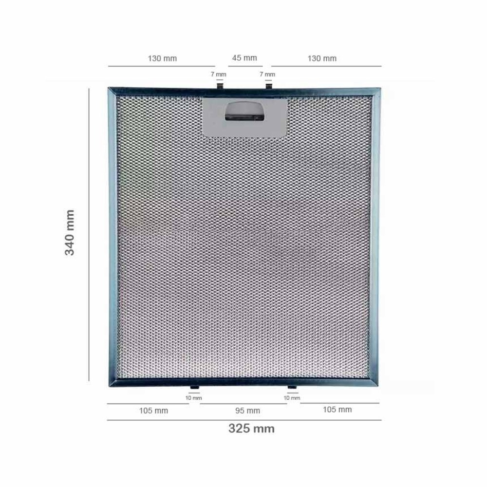 Un filtro de malla metálica con dimensiones etiquetadas, incluyendo 340 mm de altura y 325 mm de ancho. Tiene un asa en la parte superior.