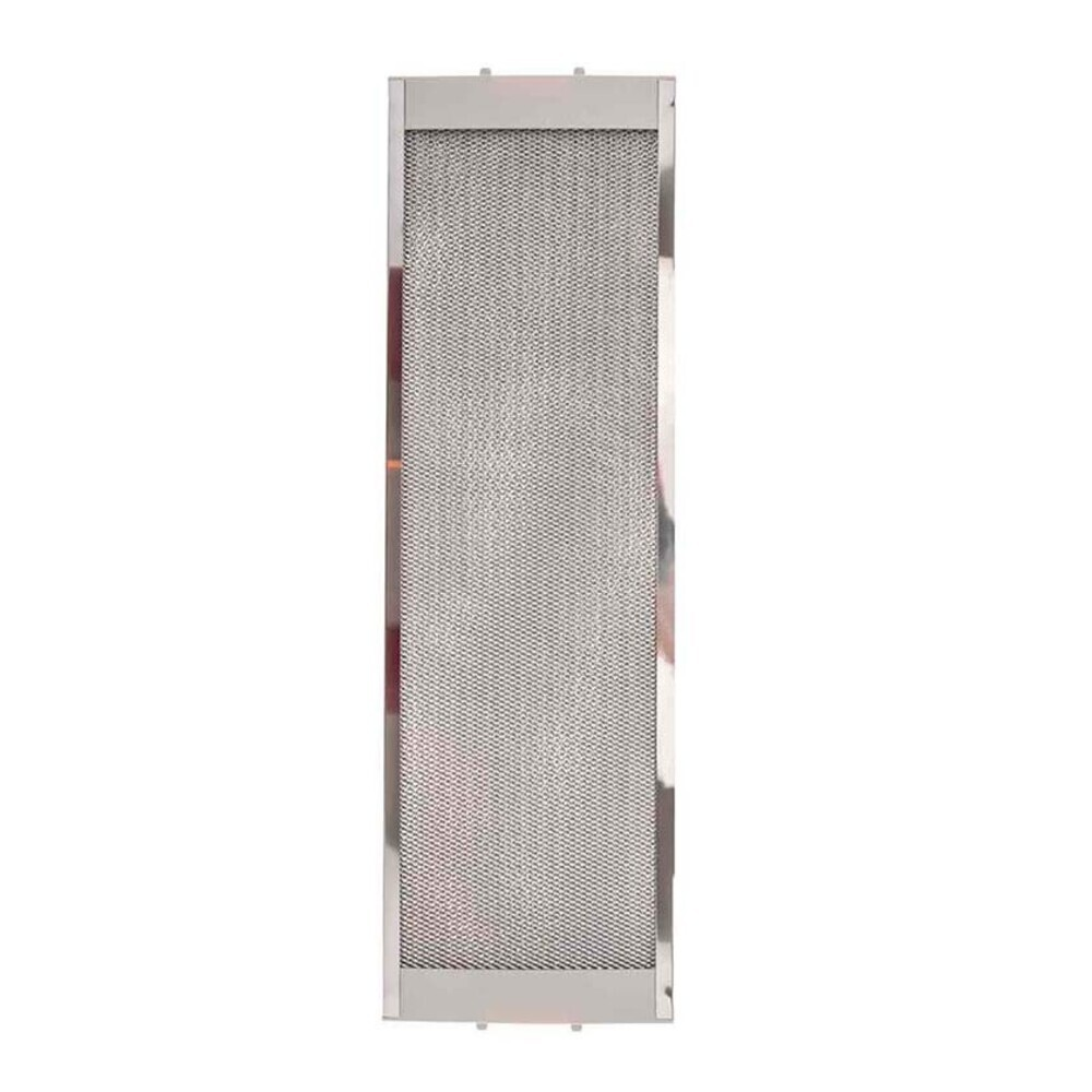 Un filtro de malla metálica rectangular con marco plateado. La malla es gris y fina. El fondo es blanco.