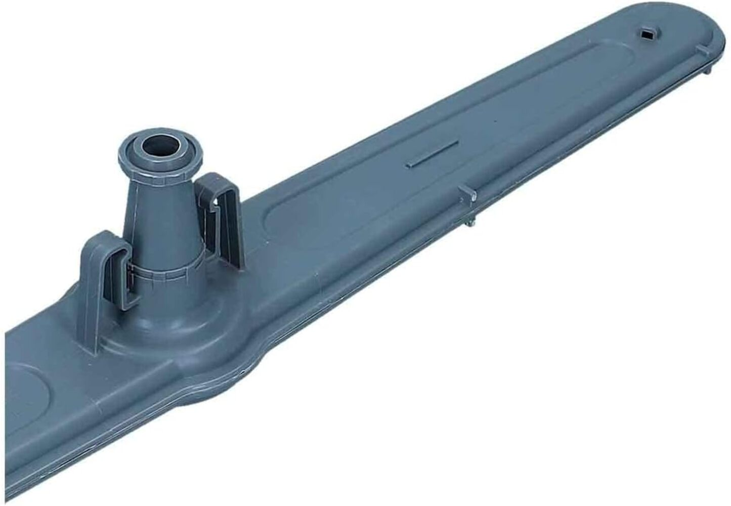 Brazo rociador de plástico gris para lavavajillas. Tiene una boquilla central y un cuerpo largo y rectangular con unos pequeños clips.