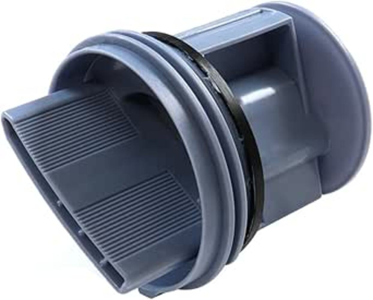 Filtro azul de plástico para lavadora con anillo de goma negro. El filtro tiene superficie acanalada y forma cilíndrica.