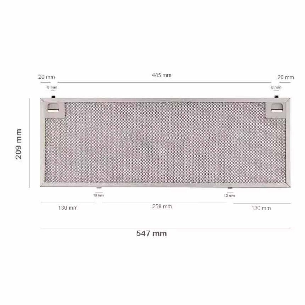 Un filtro de cocina rectangular de metal con dimensiones. Tiene un patrón de rejilla y dos asas en la parte superior.