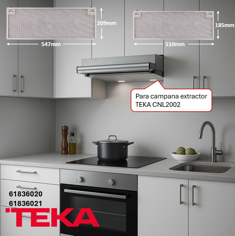Escena de cocina con campana extractora, horno y vitrocerámica TEKA. Se muestran dimensiones e información del producto. Una olla sobre la vitrocerámica.