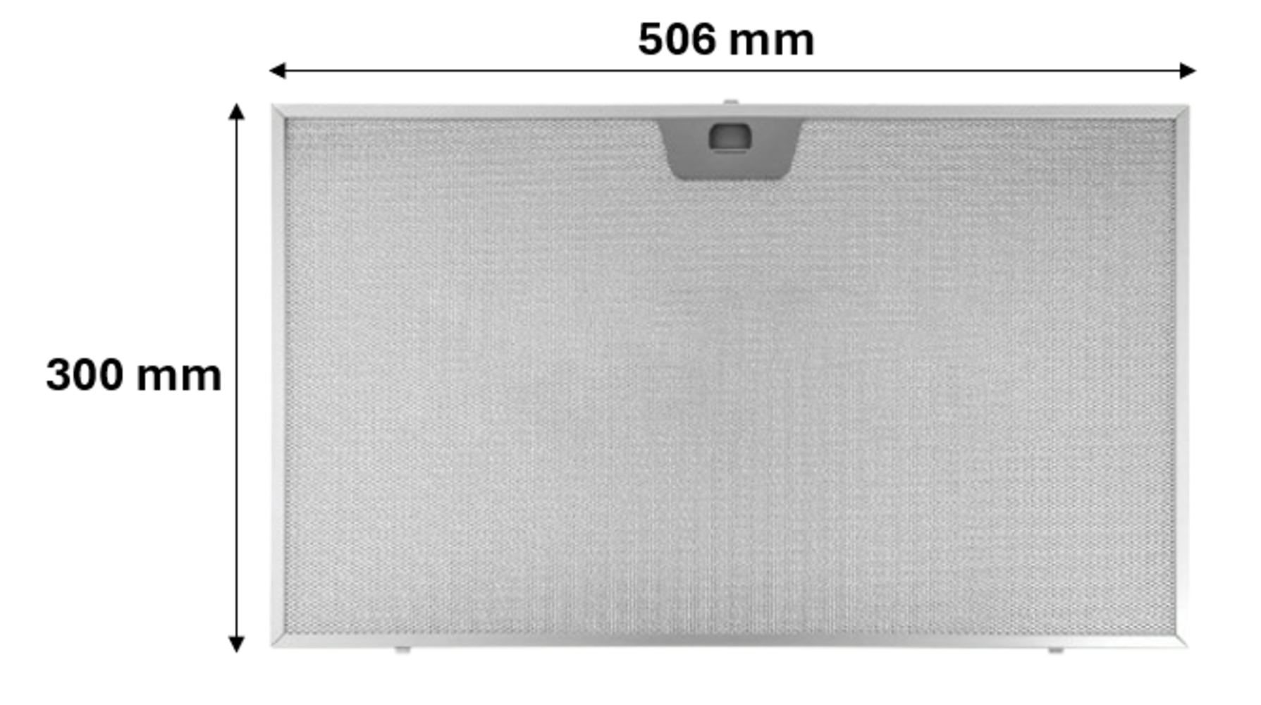 Un filtro de malla metálica rectangular de 506 mm x 300 mm. Tiene un asa en la parte superior y un marco alrededor de los bordes.