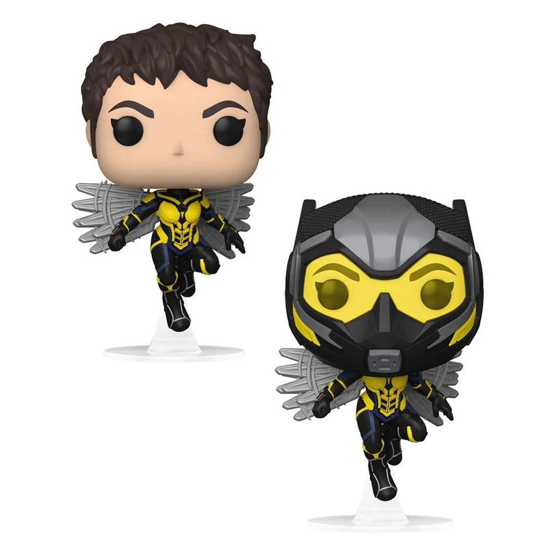 Due figure Funko Pop di The Wasp. Una ha la testa mascherata. Entrambe le figure indossano abiti gialli e neri e hanno le ali. Sono su supporti trasparenti.