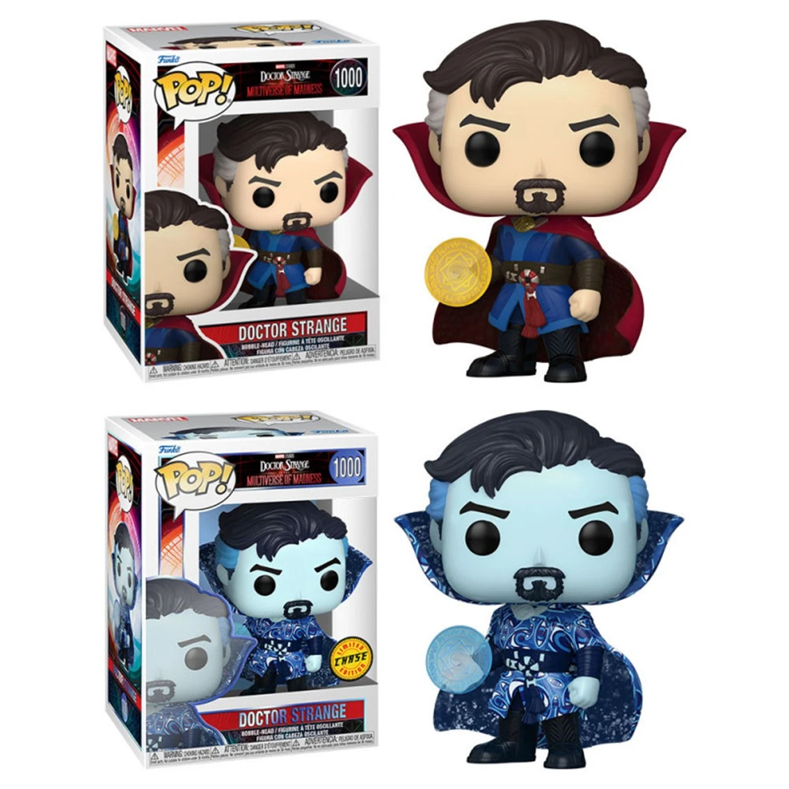 Personaggi di Doctor Strange Funko Pop. Uno in una scatola, gli altri due sono fuori. Uno ha un mantello e un disco magico d'oro.