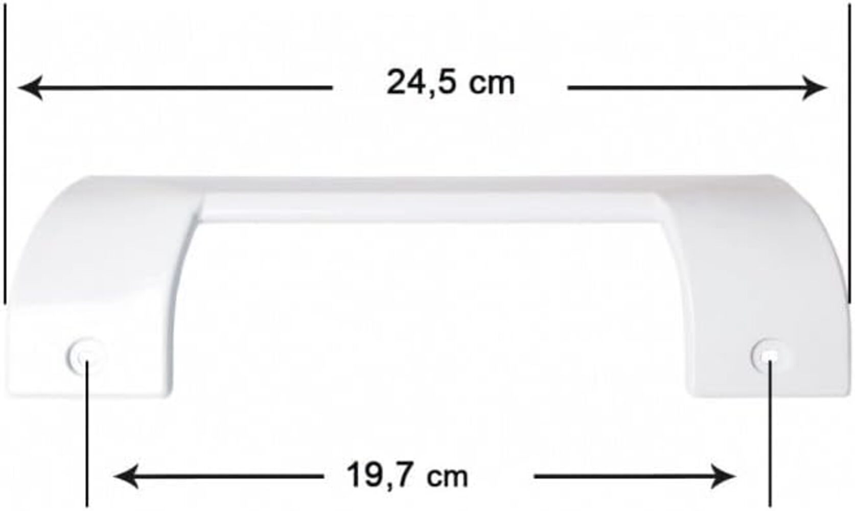 Manija blanca con dimensiones: 24.5cm largo, 19.7cm ancho. Orificios de montaje visibles.