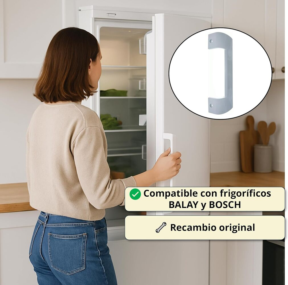 Una mujer abre el refrigerador. Un mango de reemplazo está en un círculo. El texto dice "Compatible con BALAY y BOSCH" y "Recambio original".