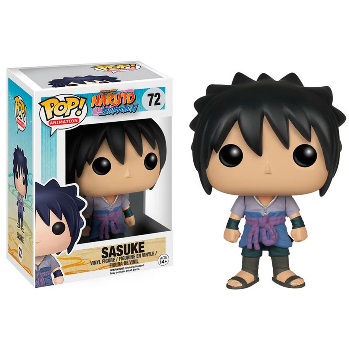 Sasuke Funko Pop Figur. Schwarze stachelige Haare, blaues und lila Outfit, schwarze Augen. Figur in der Box links. Weißer Hintergrund.