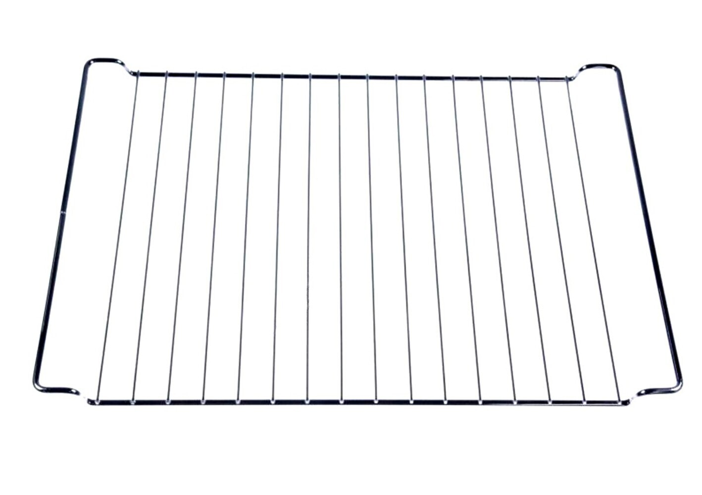 Una rejilla metálica para horno con barras verticales, forma rectangular y esquinas redondeadas, sobre fondo blanco.