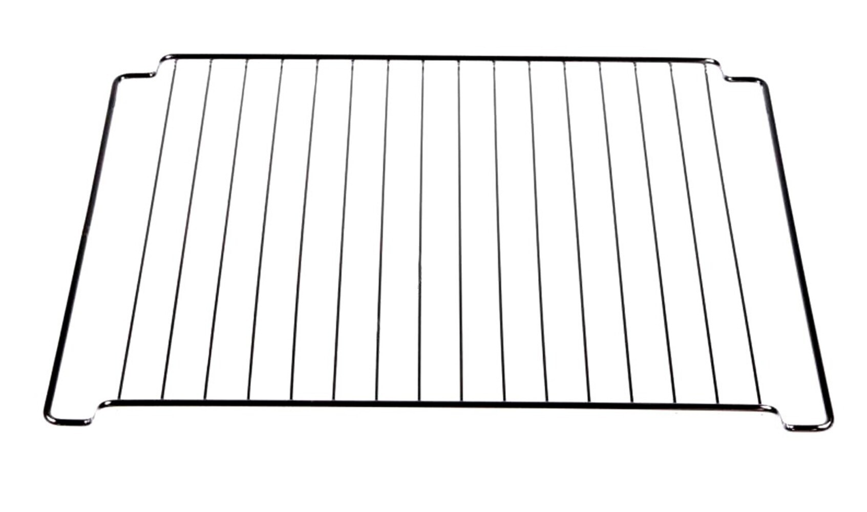 Una rejilla de horno de metal negro con barras verticales y horizontales. Está sobre un fondo blanco.