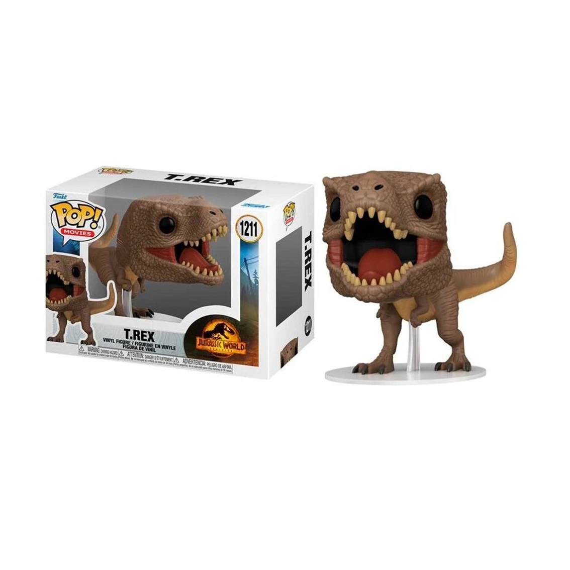Eine T-Rex Funko Pop Figur aus Jurassic World. Die Figur ist braun und hat ein geöffnetes Maul. Links ist eine Schachtel mit der Figur.
