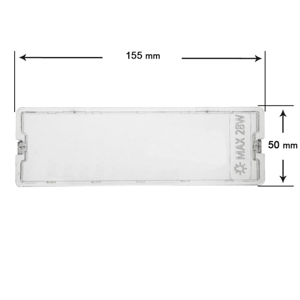 Una cubierta de plástico rectangular y transparente con dimensiones de 155 mm x 50 mm, marcada 'MAX 28W'.