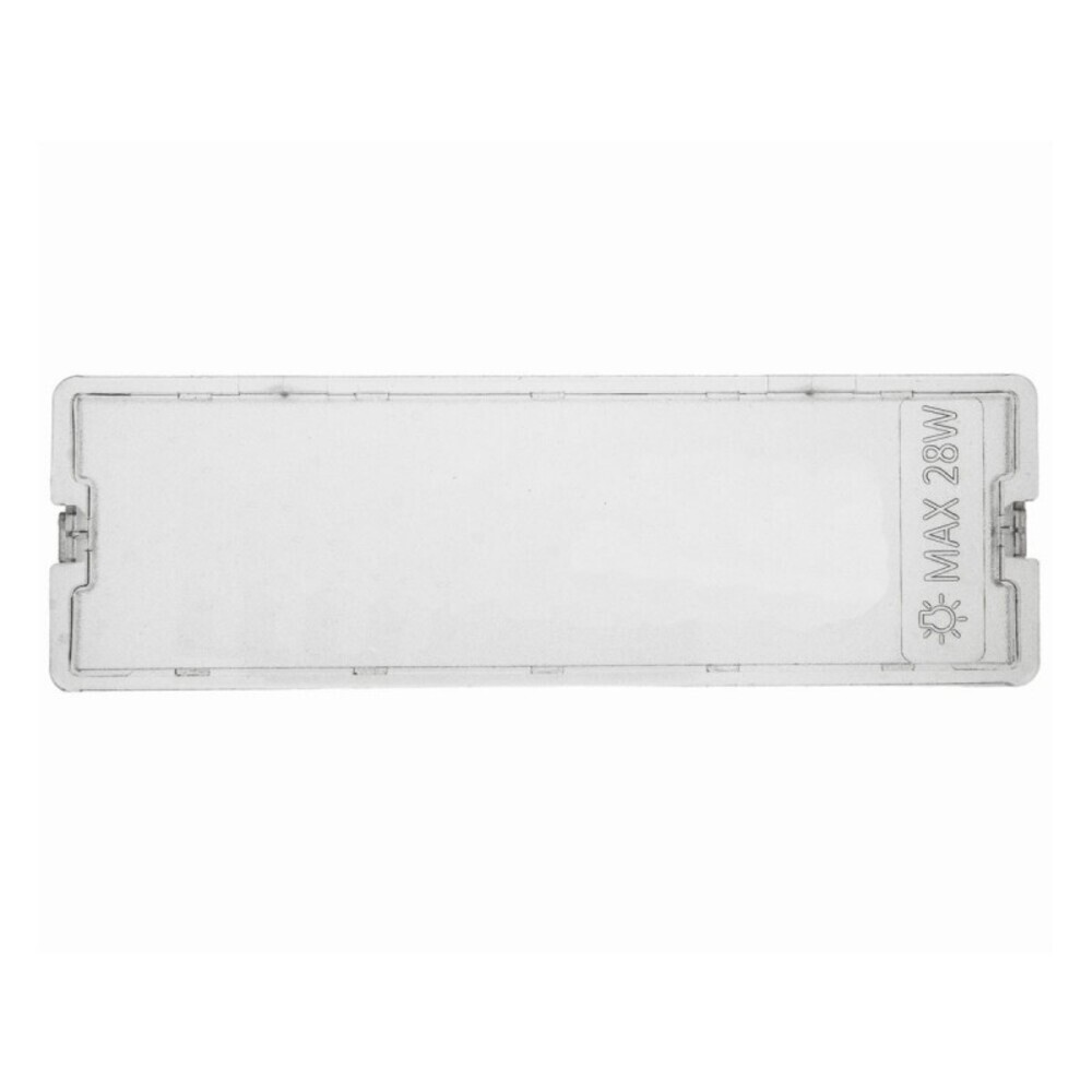 Una cubierta de plástico rectangular transparente con texto MAX 28W y un símbolo de bombilla en el lado derecho.