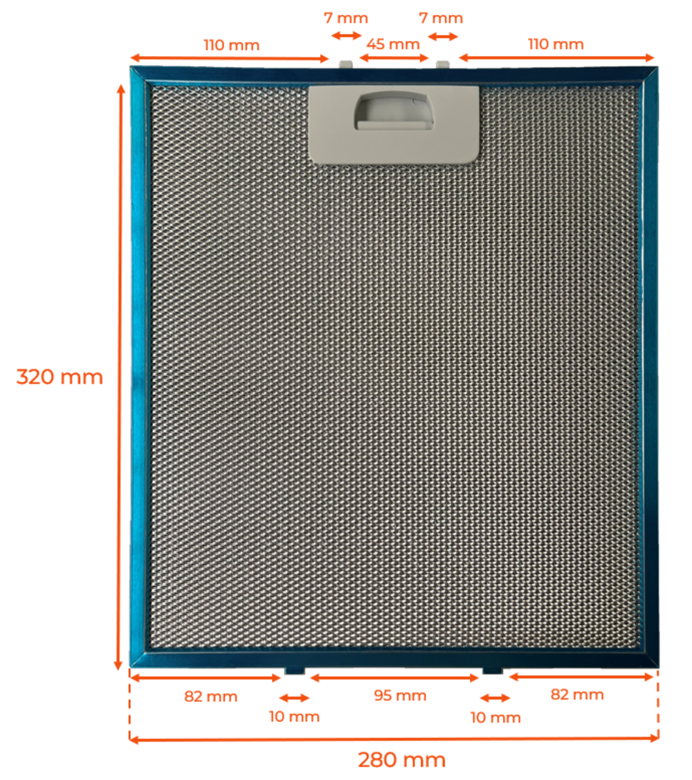 Un filtro metálico rectangular con marco azul. Tiene un patrón de malla y un asa gris. Las dimensiones están etiquetadas en milímetros.