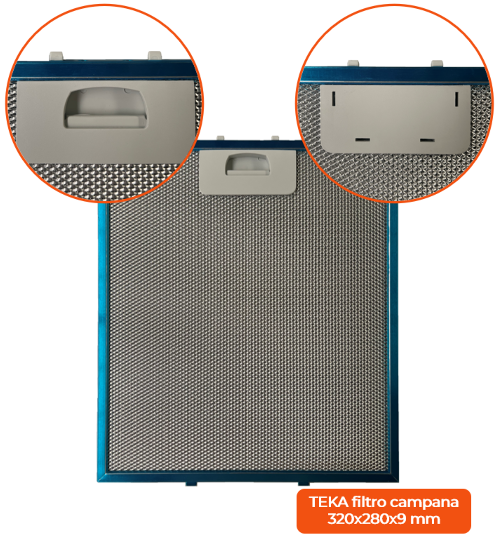 Un filtro TEKA con marco azul. Dos primeros planos circulares muestran detalles del asa y la placa rectangular.