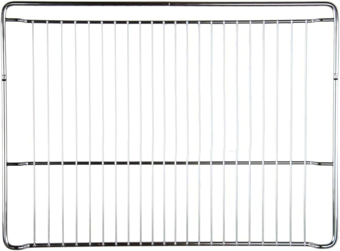 Una rejilla de alambre cromado rectangular, con alambres paralelos que forman una rejilla. El fondo es blanco.