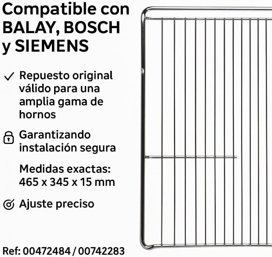Una rejilla metálica para horno sobre fondo blanco, con texto en español que indica compatibilidad y características. La rejilla es negra.