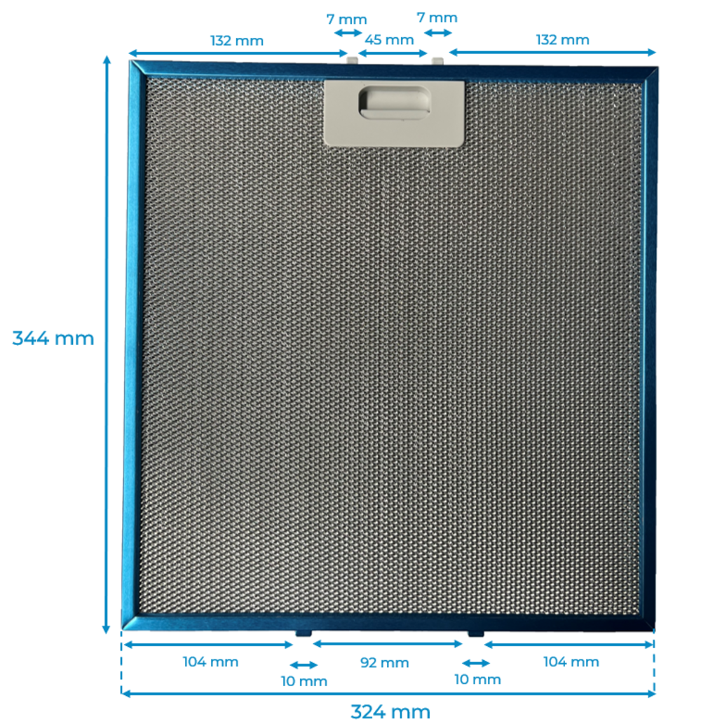Filtro de malla metálica rectangular con marco azul. Dimensiones: 344 mm x 324 mm. Tiene un asa blanca.