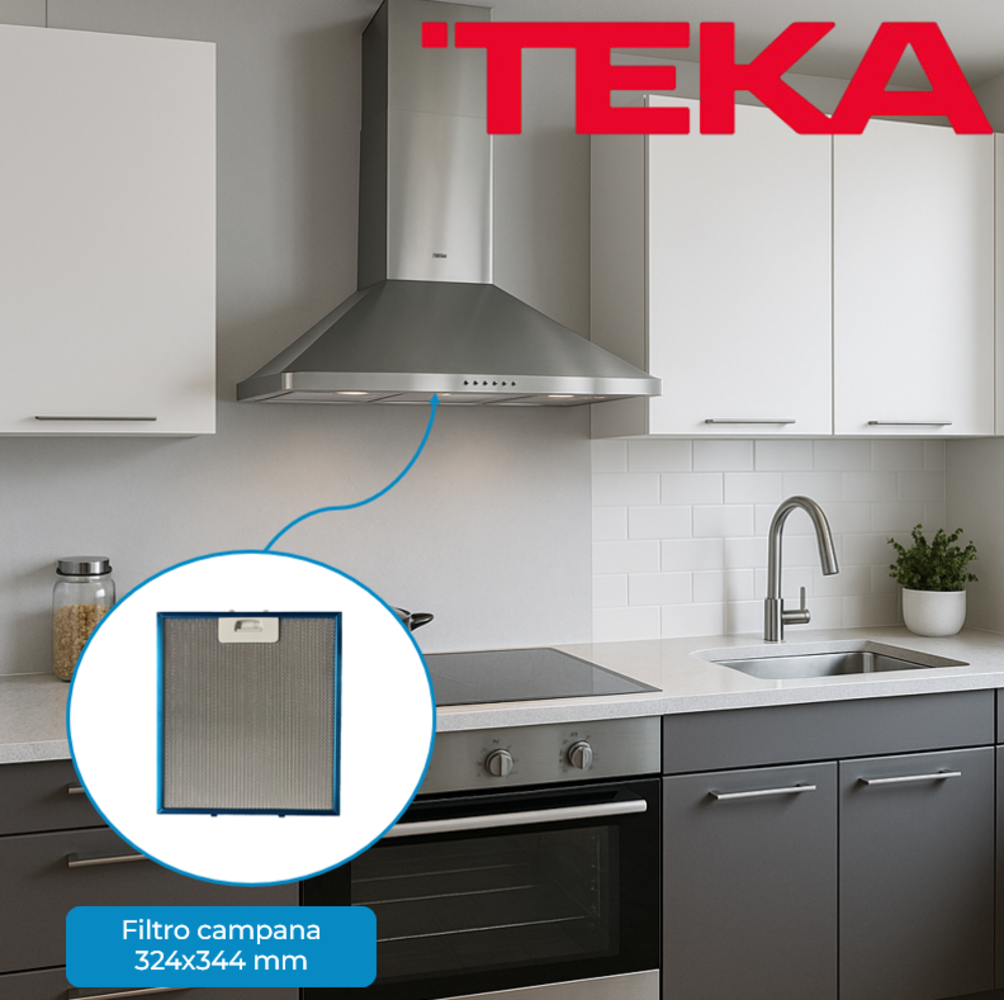 Cocina con campana TEKA. Se destaca un detalle del filtro. Los armarios son blancos y grises. Se ven un tarro de cristal y una planta.