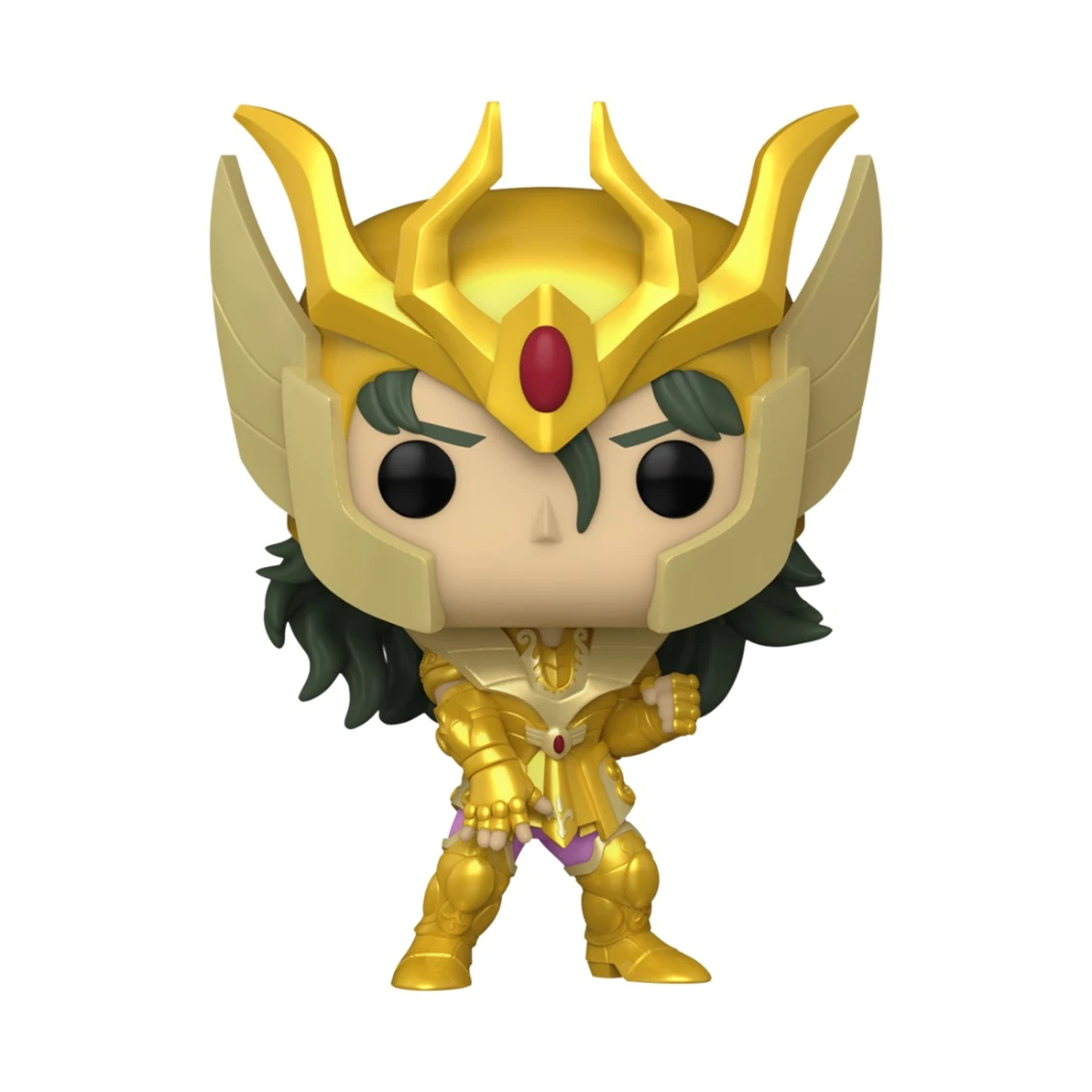 Een Funko Pop-figuur van een personage in gouden harnas met een helm en groen haar. De figuur staat op een witte achtergrond.