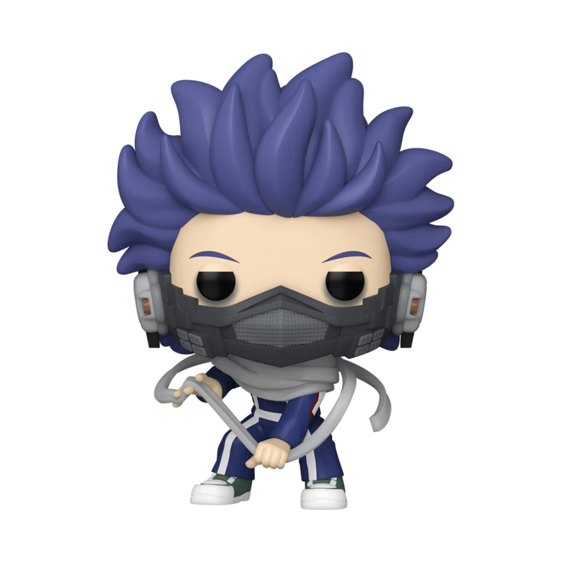 Eine Funko Pop-Figur eines Charakters mit lila Haaren, einer Maske und einem blauen Anzug, der einen weißen Schal hält, auf weißem Hintergrund.