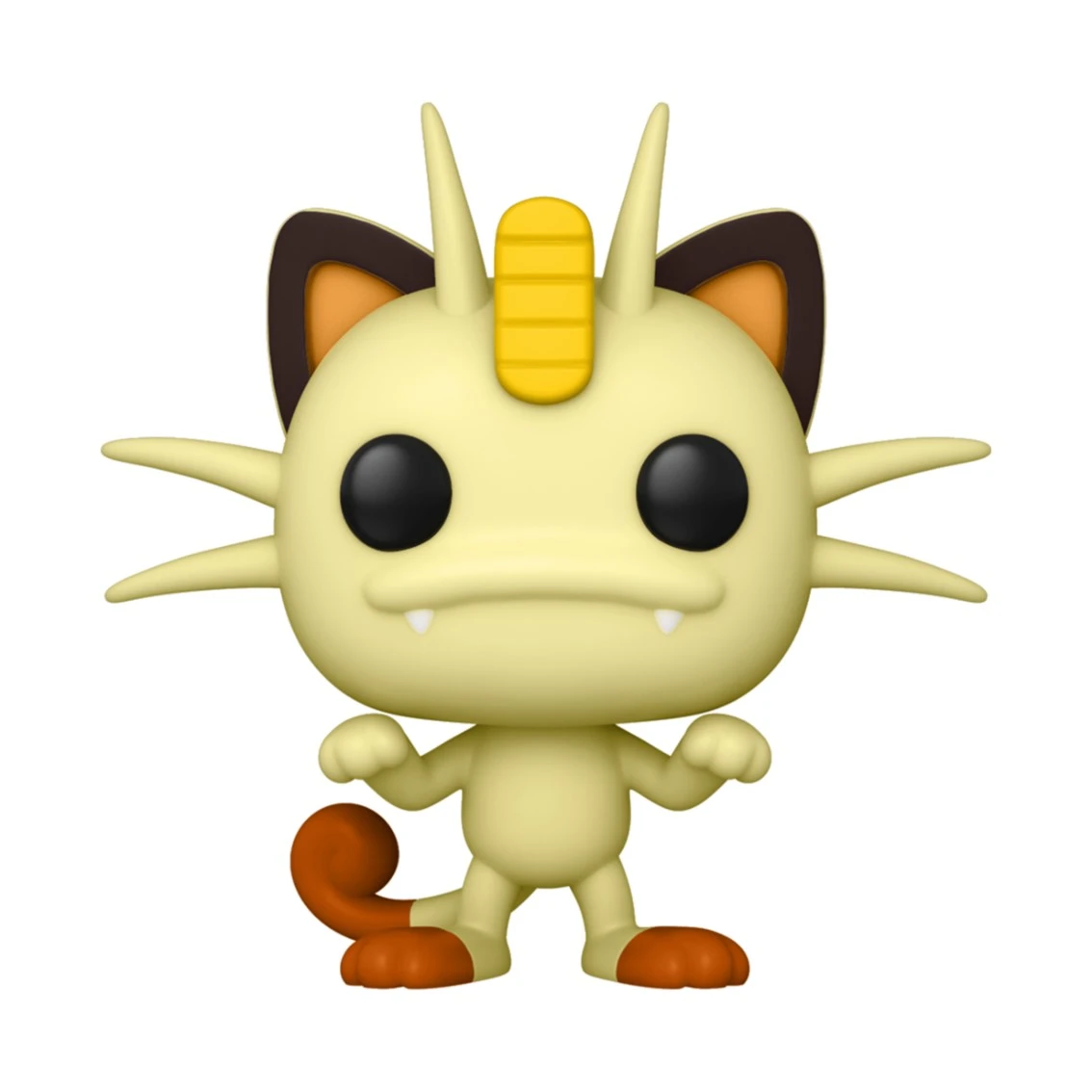Una figura Funko Pop amarilla de Meowth está de pie con una expresión seria. Tiene ojos negros, bigotes y una cola con punta marrón.