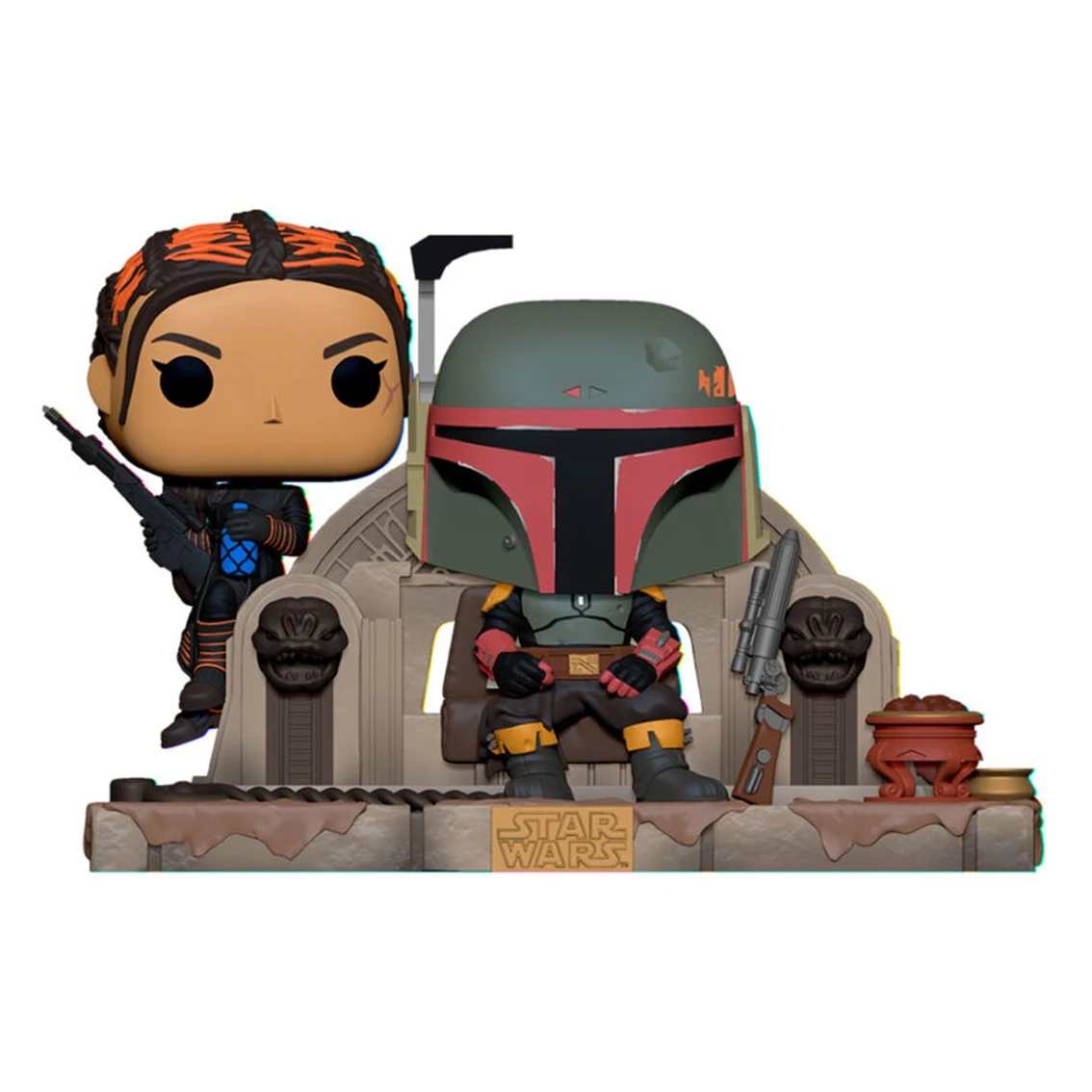 Un set Funko Pop di Star Wars Boba Fett e Fennec Shand. Boba Fett è seduto su un trono, Fennec Shand è in piedi con una pistola.