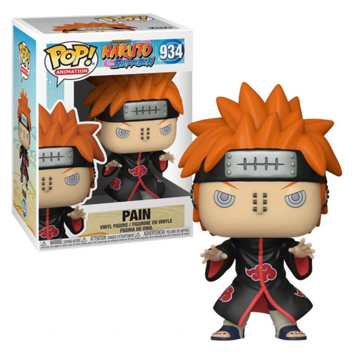 Eine Funko Pop-Figur von Pain aus Naruto Shippuden. Es hat orange Haare, ein schwarzes Stirnband, schwarze Roben mit roten Wolken und befindet sich in einer Box.