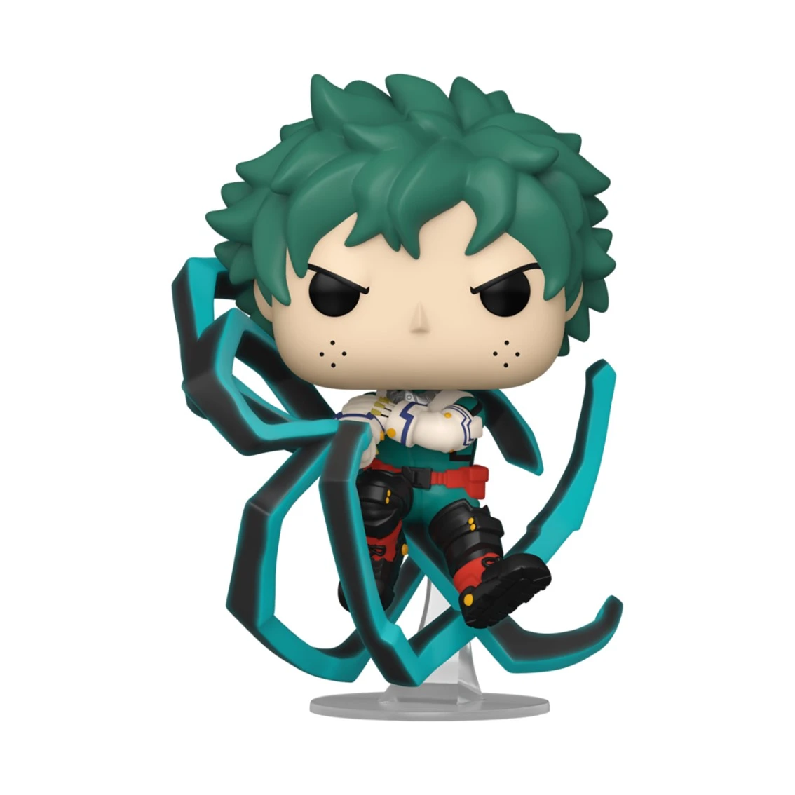 Funko Pop Figur von Deku. Grünes Haar, schwarze Augen, Heldenkostüm. Blaue und schwarze Energieranken umgeben ihn. Weißer Hintergrund.