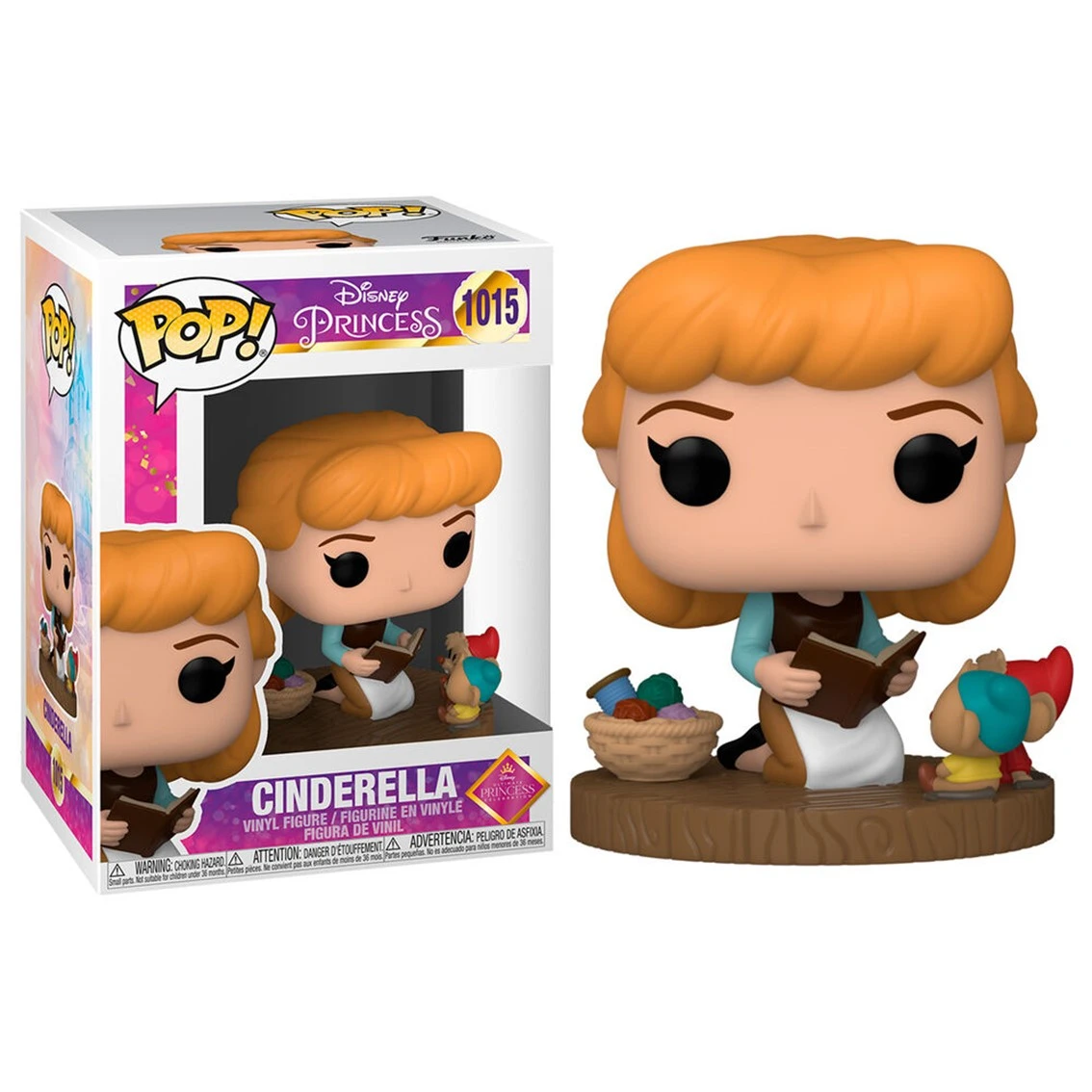 Figura Funko Pop! di Cenerentola che legge, con topi. Una scatola a sinistra. La figura è su una base in legno.