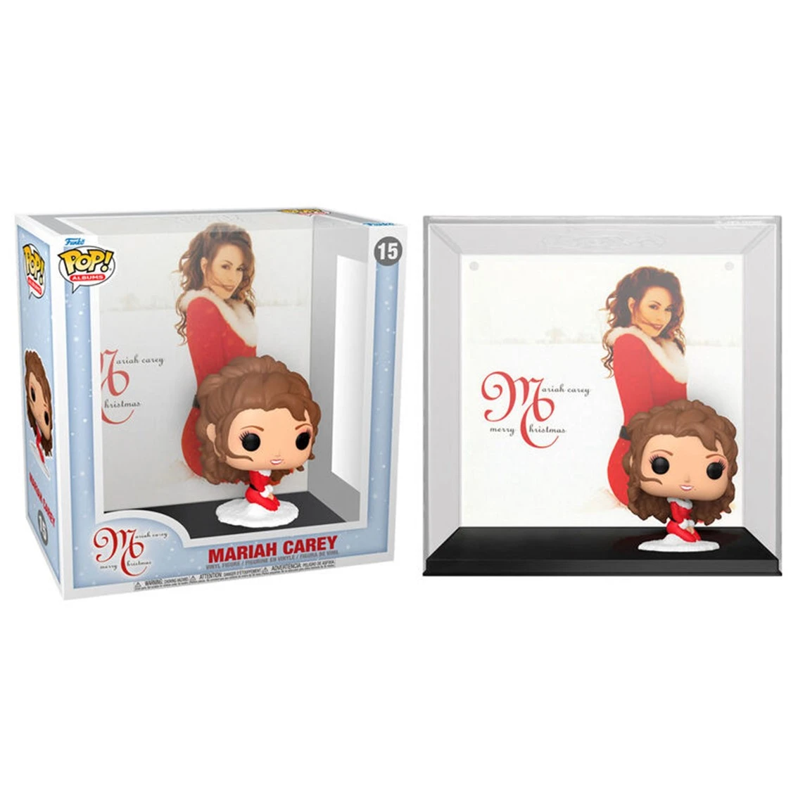 Figura Funko Pop di Mariah Carey in scatola ed esposta. La figura indossa un vestito rosso. Lo sfondo mostra Mariah con un vestito rosso e l'artwork.