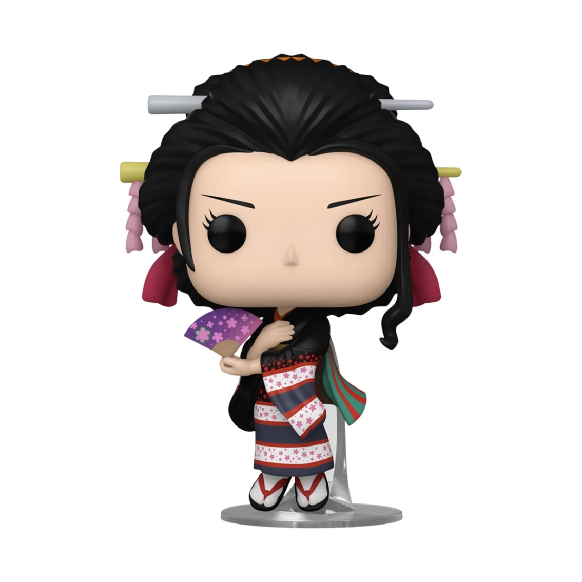 Figura Funko Pop di una donna in kimono, con un ventaglio. Ha i capelli neri e si trova su un supporto trasparente su sfondo bianco.