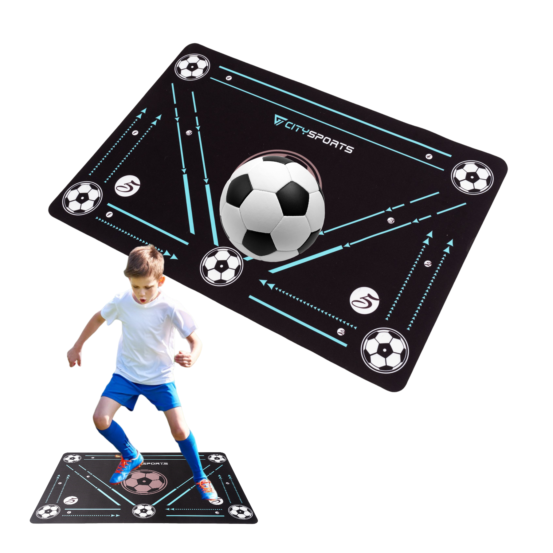 Chłopiec kopiący piłkę nożną na czarnej macie. Strzałki i obrazy piłek nożnych znajdują się na macie.