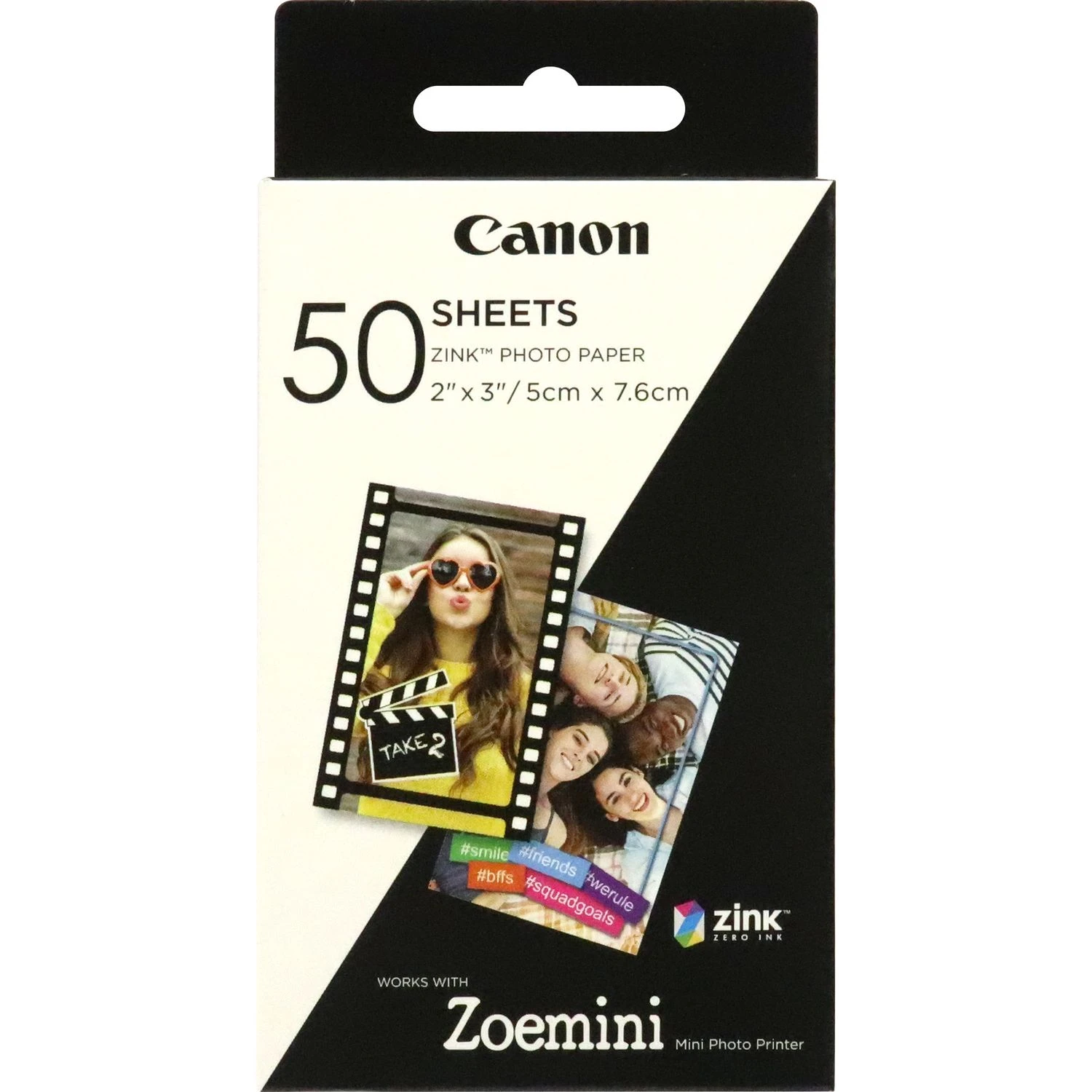 A Canon Zoemini photo paper box with images of people, film strip, and hashtags. It includes the brand name and specifications.