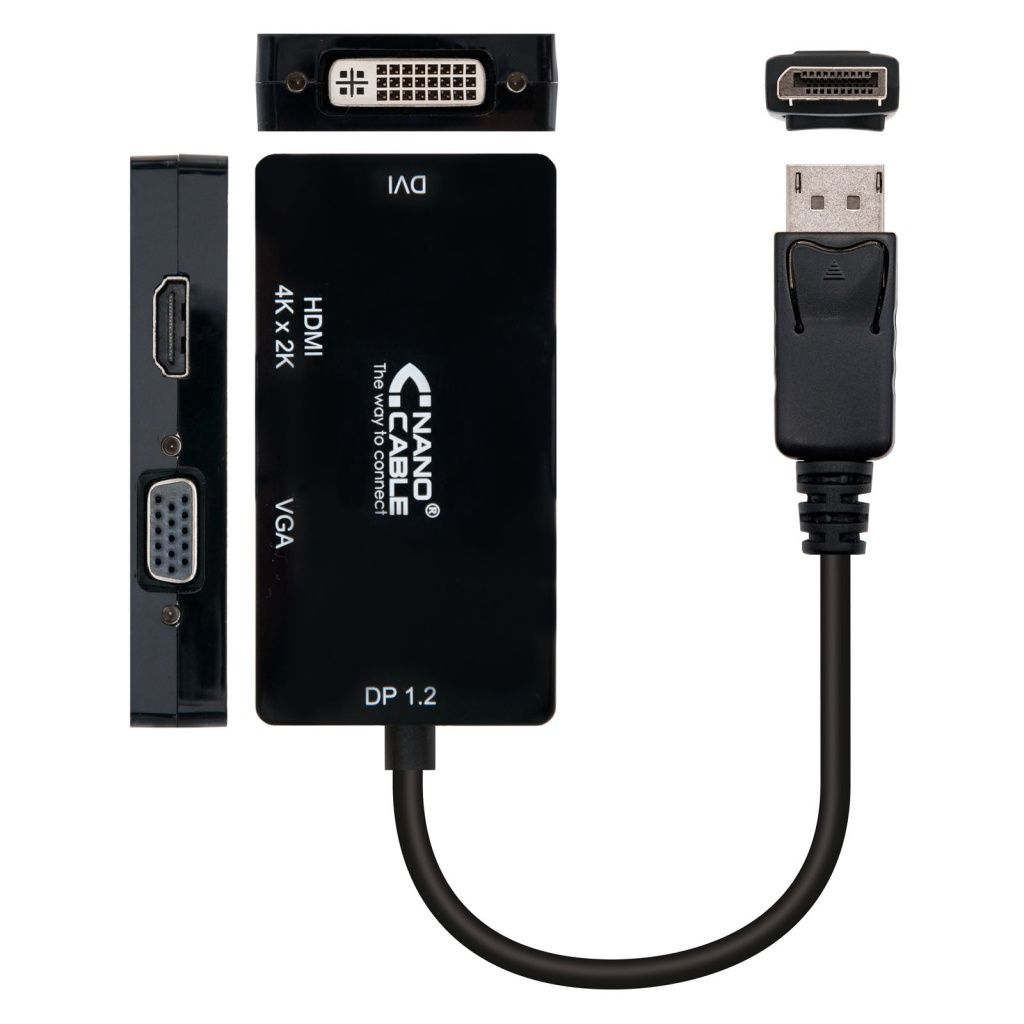 Adaptador negro con múltiples puertos, incluyendo HDMI, VGA y DVI. Cable DisplayPort a la derecha. Visible la marca Nano Cable.