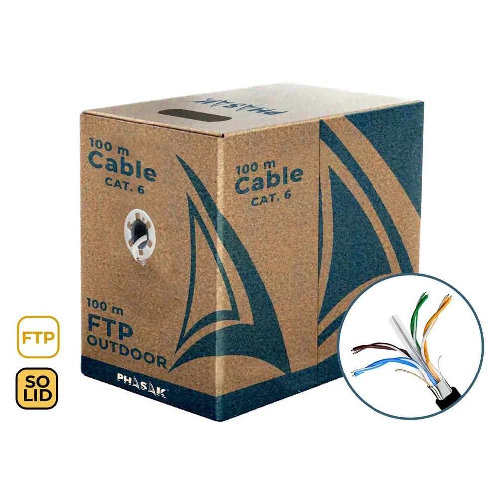 Kartonnen doos met kabeldetails, een kabelgedeelte en logo's. Tekst bevat 'Cable CAT.6' en 'FTP Outdoor'.