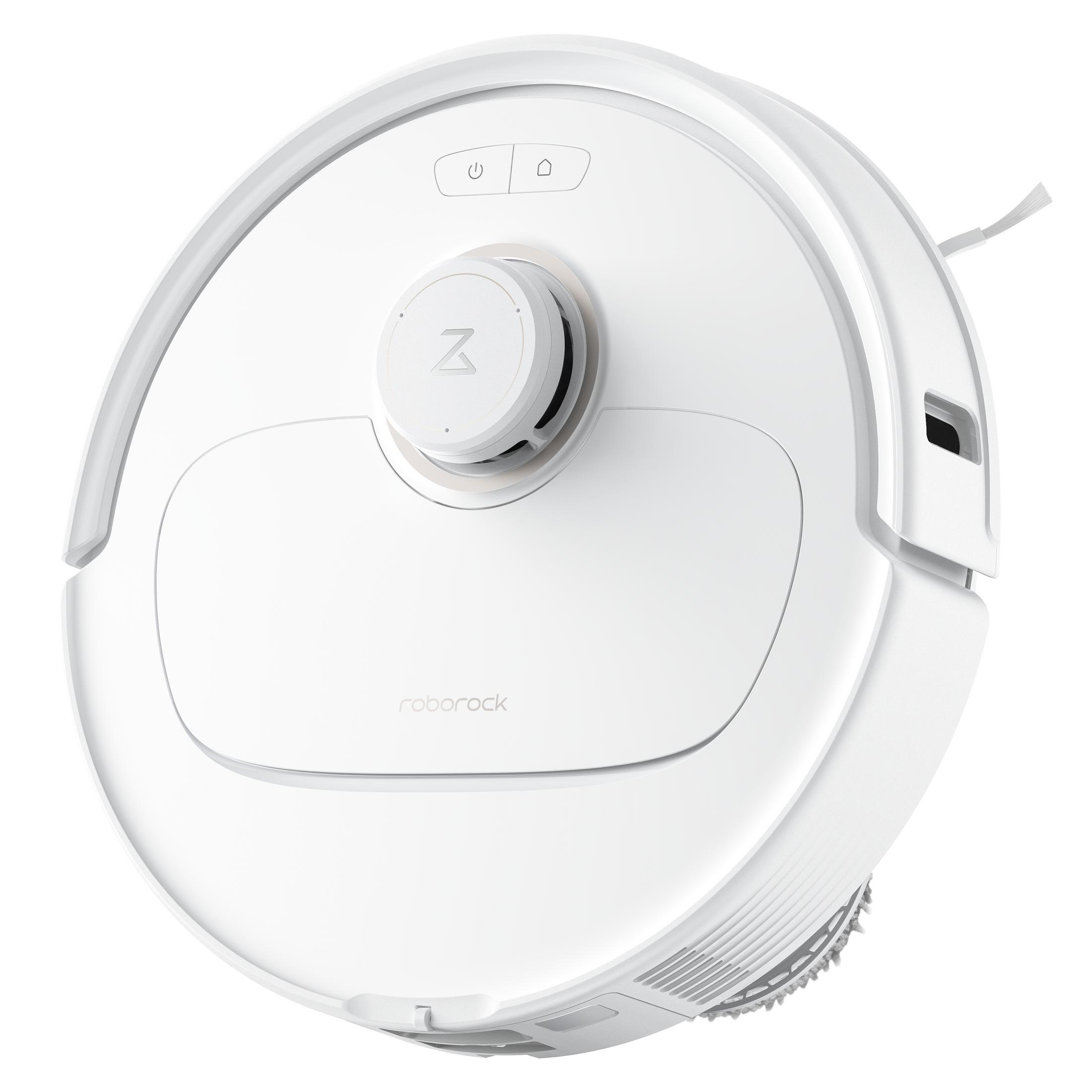 Ein weißer Roborock-Roboterstaubsauger. Er hat Power- und Home-Tasten, einen zentralen Sensor und eine Seitenbürste.
