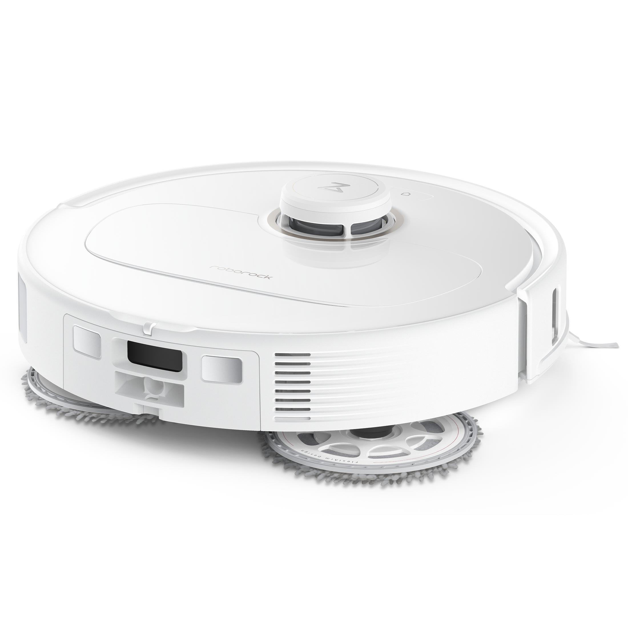 Ein weißer Roborock-Roboter-Staubsauger wird gezeigt. Er hat eine runde Form mit einem zentralen Turm und zwei Reinigungspads.