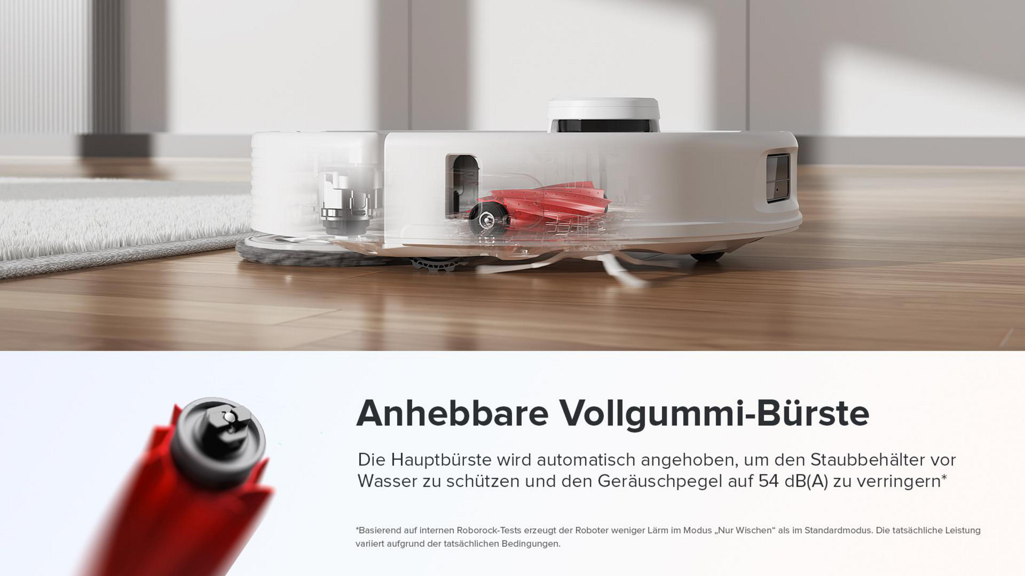 Ein weißer Roboter-Staubsauger mit roten Teilen auf einem Holzboden, in der Nähe eines Teppichs. Text auf Deutsch: Anhebbare Vollgummi-Bürste.