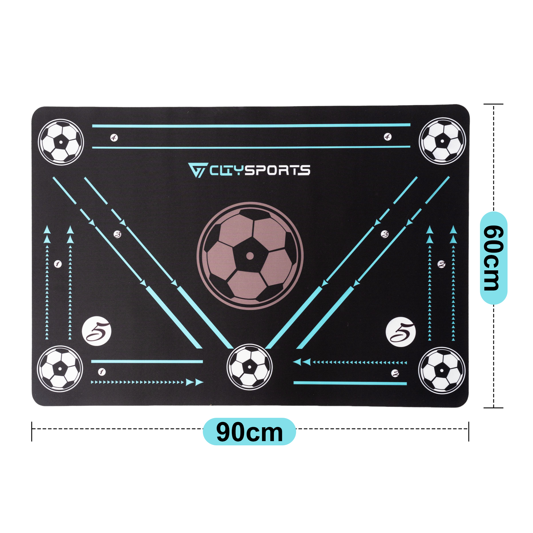 Czarna mata treningowa z grafiką piłki nożnej, strzałkami i cyframi. Wymiary to 90 cm x 60 cm. Marka to CILISPORTS.