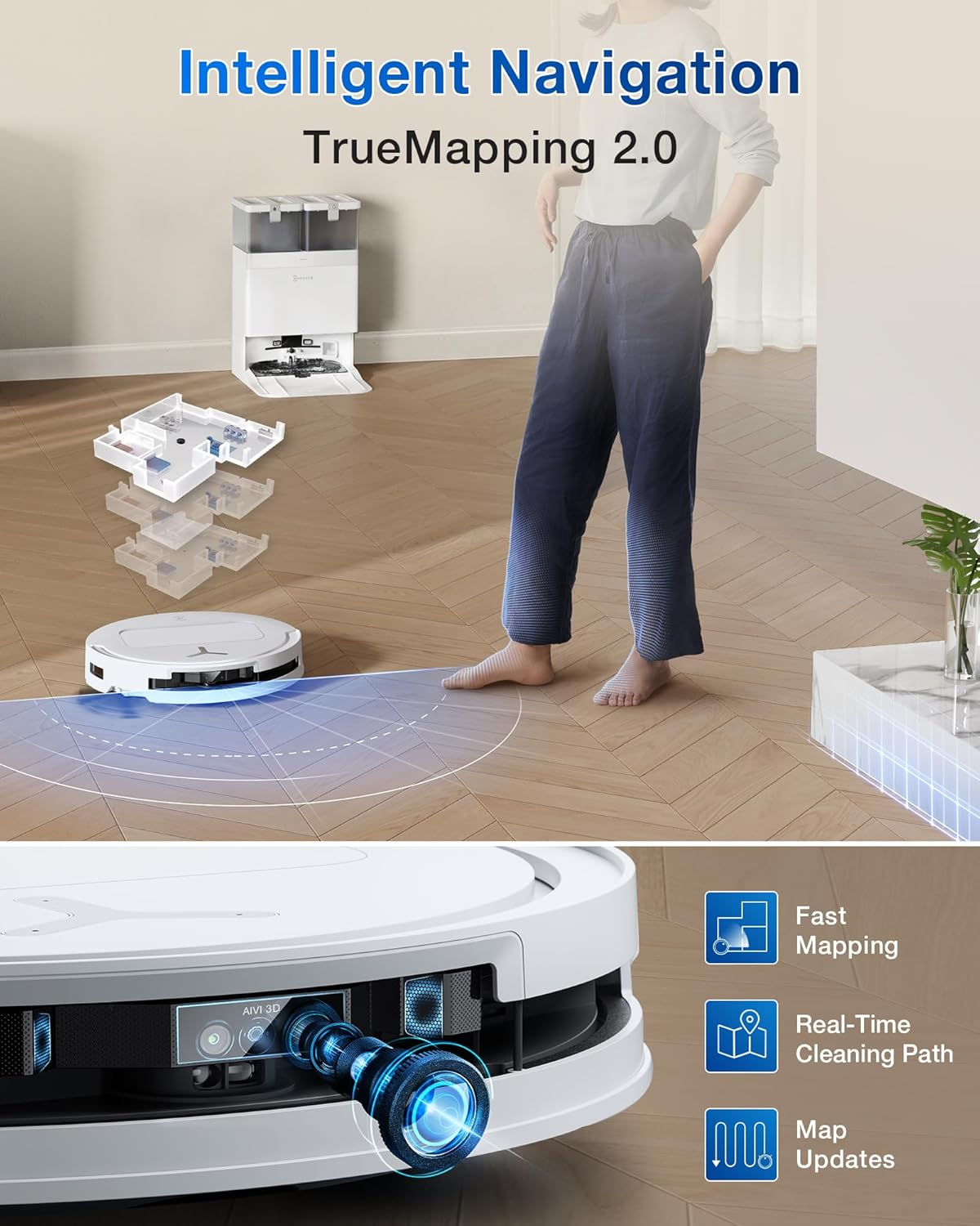 Een afbeelding toont een robotstofzuiger met een vrouw in de buurt. Het benadrukt functies zoals snelle mapping en real-time schoonmaakpad.
