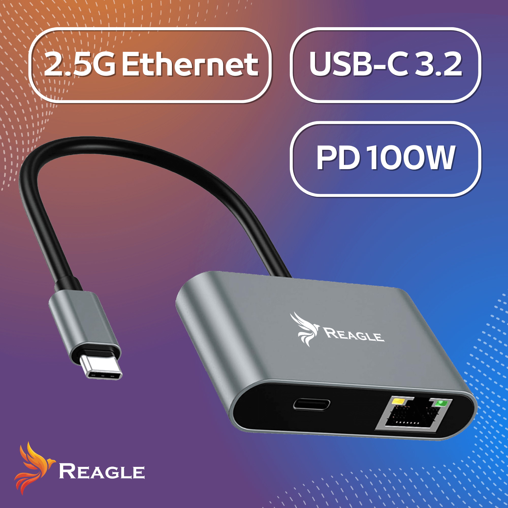 Un hub USB-C grigio con Ethernet e alimentazione. Le etichette di testo indicano: 2.5G Ethernet, USB-C 3.2, PD 100W. Il logo del marchio è REAGLE.