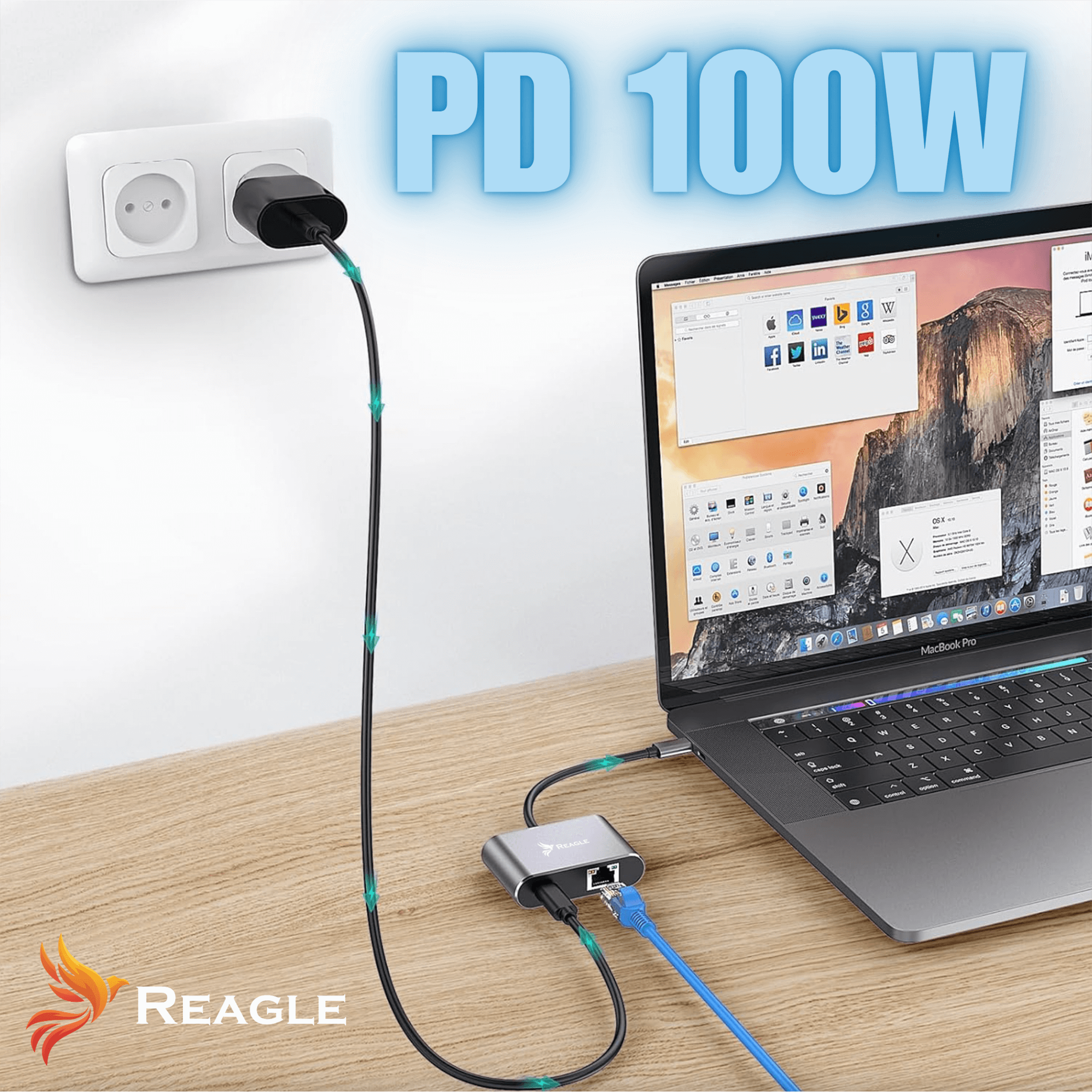 Un laptop è collegato a un adattatore di alimentazione tramite un hub, con un cavo Ethernet blu. Il testo "PD 100W" è in alto.